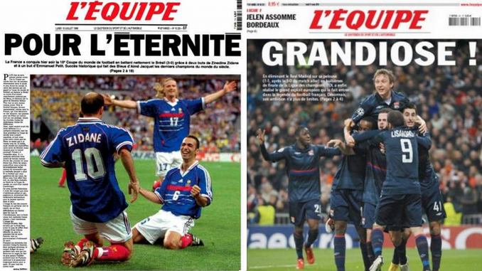 Deux unes de l'Equipe, où les médias français étaient pour des équipes françaises